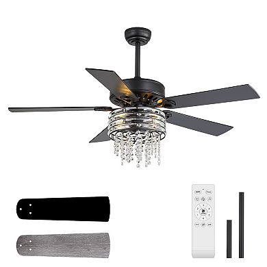 52-In Ceiling Fan with Light, 5 Reversible Blades, Crystal Chandelier, DC Motor, Remote, 2 Downrods