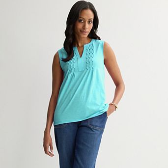 Women's Croft & Barrow® Smocked Split Neck Tank Top