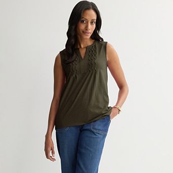 Women's Croft & Barrow® Smocked Split Neck Tank Top