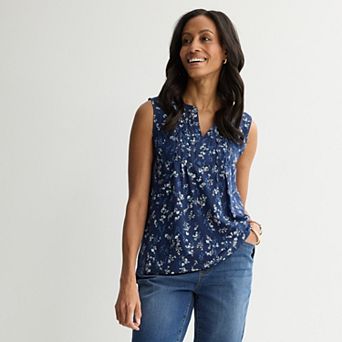 Women's Croft & Barrow® Smocked Split Neck Tank Top
