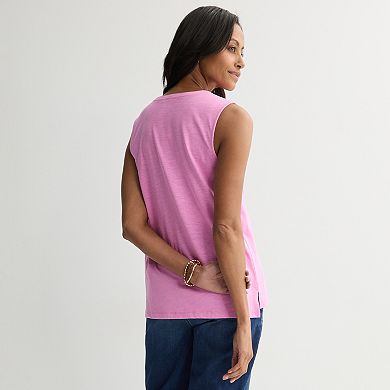 Petite Croft & Barrow® Smocked Split Neck Tank Top