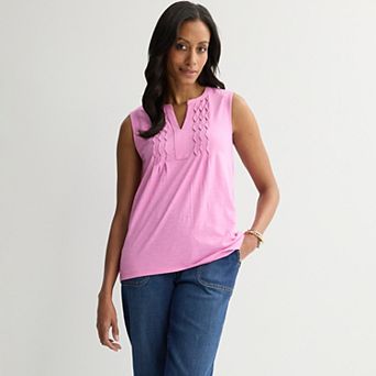 Petite Croft & Barrow® Smocked Split Neck Tank Top