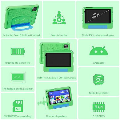 Contixo 7" A7 Educational Kids Tablet with Epic! and Lingokids 32GB with Parental Controls & Case