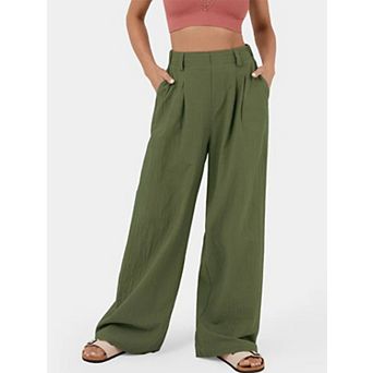 Womens Wide Leg Palazzo Pants High Waist Pleated Cotton Casual Long Suit Pant Loose Office Trousers