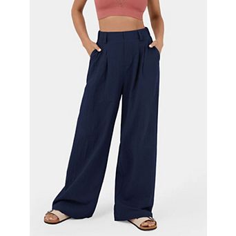 Womens Wide Leg Palazzo Pants High Waist Pleated Cotton Casual Long Suit Pant Loose Office Trousers