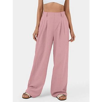 Womens Wide Leg Palazzo Pants High Waist Pleated Cotton Casual Long Suit Pant Loose Office Trousers
