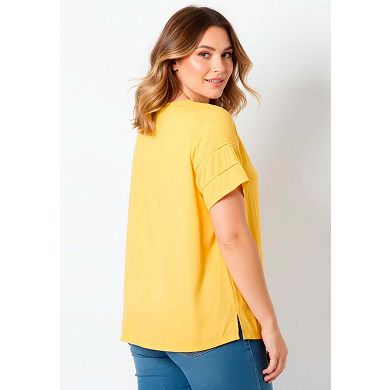 Avenue Women's Plus Size Openwork Trim Short Sleeve Top