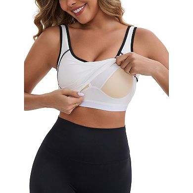 Women's Wide Straps U-Neck Padded Push Up Camisole Elastic Tight Colorblock Cropped Workout Tank