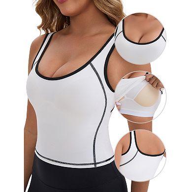 Women's Wide Straps U-Neck Padded Push Up Camisole Elastic Tight Colorblock Cropped Workout Tank