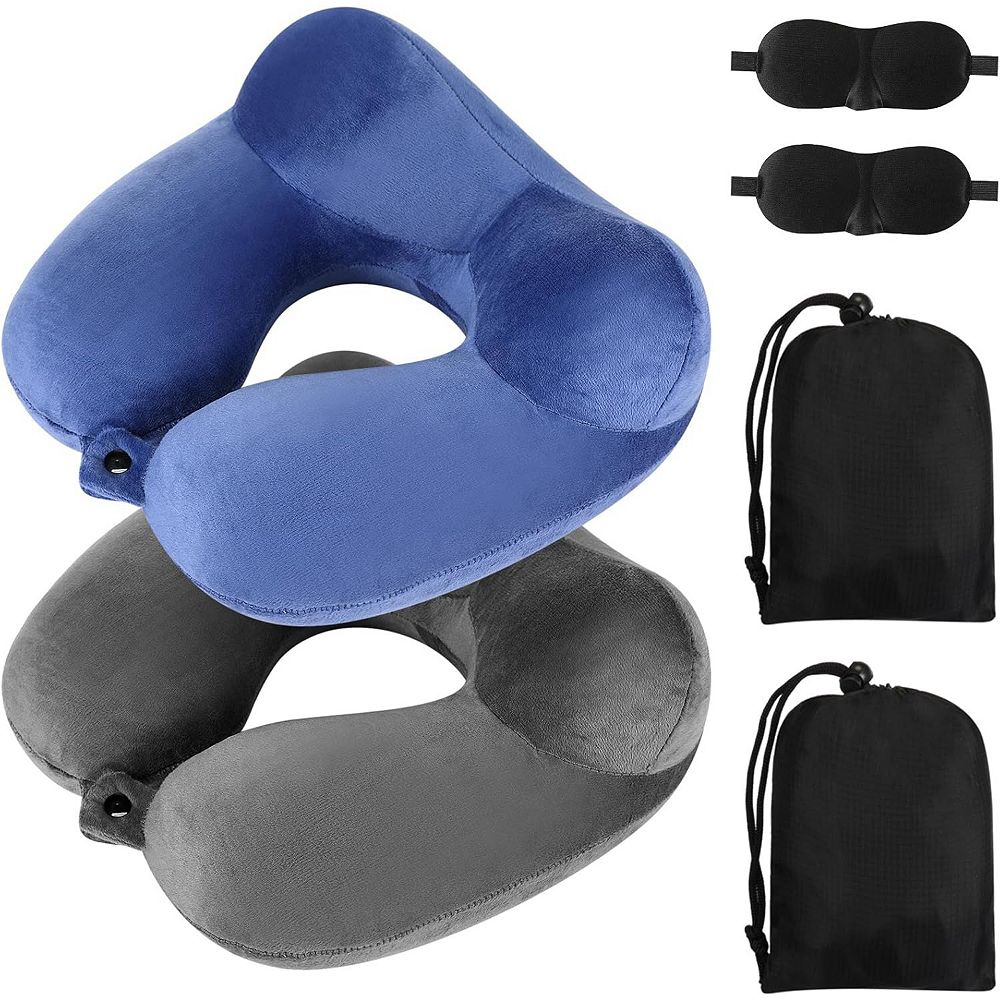 2 Pcs Inflatable Travel Pillow with Compact Bag and Blindfold Velvet ...