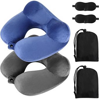 2 pc Inflatable Travel Pillow with Compact Bag and Blindfold Velvet Inflatable
