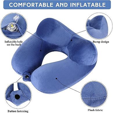 2 Pcs Inflatable Travel Pillow with Compact Bag and Blindfold Velvet Inflatable