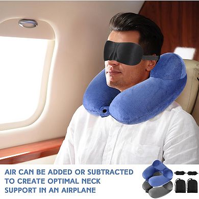 2 Pcs Inflatable Travel Pillow with Compact Bag and Blindfold Velvet Inflatable