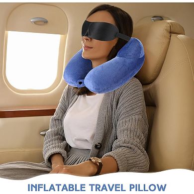 2 Pcs Inflatable Travel Pillow with Compact Bag and Blindfold Velvet Inflatable