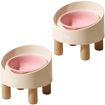 2 pc Ceramic Elevated Cat Bowls with Wooden Stand Set, Adjustable Raised Pet Bowls
