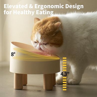 2 PCS Ceramic Elevated Cat Bowls with Wooden Stand Set, Adjustable Raised Pet Bowls