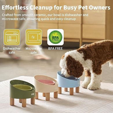 2 PCS Ceramic Elevated Cat Bowls with Wooden Stand Set, Adjustable Raised Pet Bowls