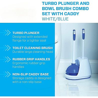 Toilet Plunger and Bowl Brush Combo with Caddy, 3-Piece Heavy-Duty Plunger
