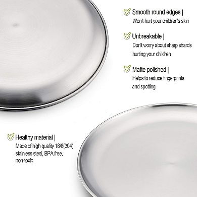 6-Piece 18/8 Stainless Steel Plates for Kids Toddlers, 8'', Reusable, Dishwasher Safe