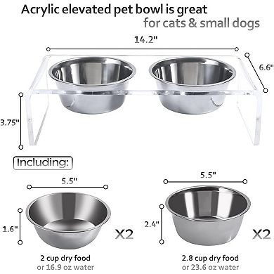 Acrylic Elevated Dog Cat Bowls Pet Feeder Double Bowl Raised Stand Comes with 4 Bowls