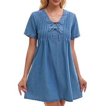 Women's Denim Dress Short Sleeve V Neck with Pockets Casual Mini Jean Dresses