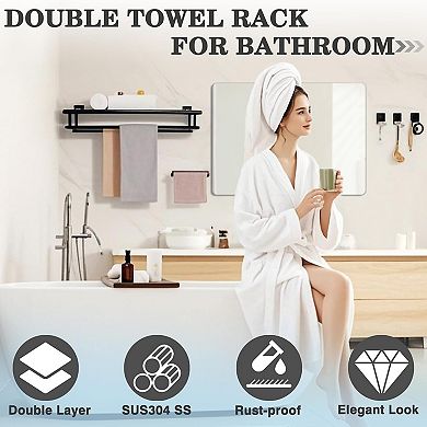 Towel Rack for Bathroom Wall Mount,Black Double Towel Bars with Shelf