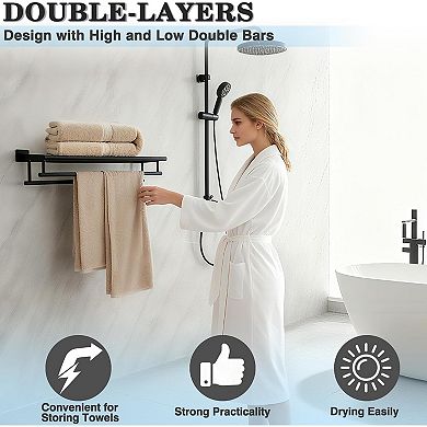 Towel Rack for Bathroom Wall Mount,Black Double Towel Bars with Shelf