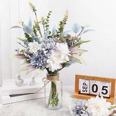 Artificial Dahlia and Eucalyptus Arrangement in Glass Vase for Home Decor
