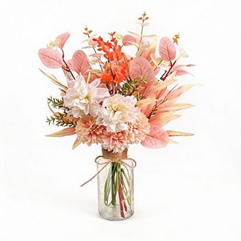 Artificial Dahlia and Eucalyptus Arrangement in Glass Vase for Home Decor