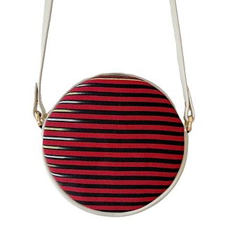 Genuine Leather and Striped Fabric Pattern Crossbody Bag
