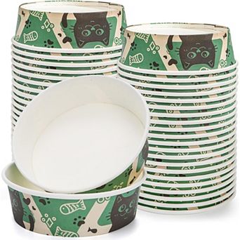 40 pc Disposable Cat Food Bowls, 16 Oz Paper Travel Pet Feeding Bowls, Cute Print Design