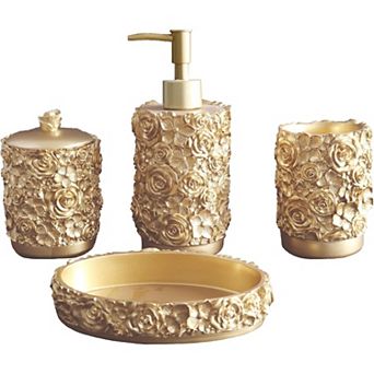 Bathroom Accessories Set, Rose Design Bathroom Set, Farmhouse Bathroom Decor, 4 pc