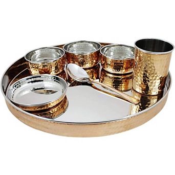 Stainless Steel Copper Traditional Dinner Set Of Thali Plate, Bowls, Glass And Spoon, 13''
