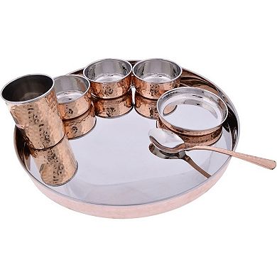 Stainless Steel Copper Traditional Dinner Set Of Thali Plate, Bowls, Glass And Spoon, 13''