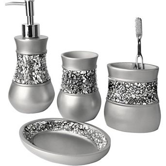 Crackled Glass Silver Bathroom Accessory Set - 4 pc Bathroom Sets Accessories