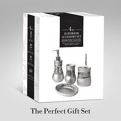 Crackled Glass Silver Bathroom Accessory Set - 4 Piece Bathroom Sets Accessories