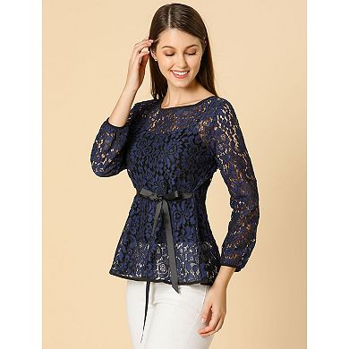 2 Packs Women's Elegant Tie Waist Long Sleeve Tops Lace Peplum Blouses