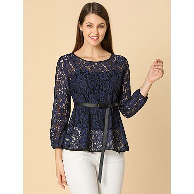 2 Packs Women's Elegant Tie Waist Long Sleeve Tops Lace Peplum Blouses