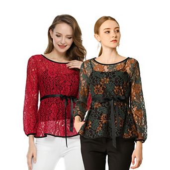 2 Packs Women's Elegant Tie Waist Long Sleeve Tops Lace Peplum Blouses