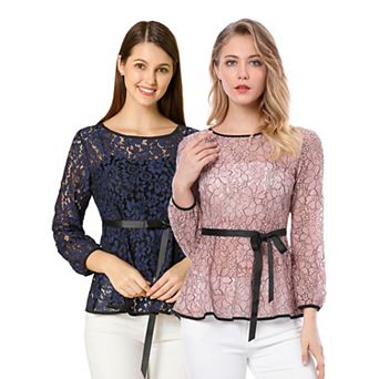 2 Packs Women's Elegant Tie Waist Long Sleeve Tops Lace Peplum Blouses