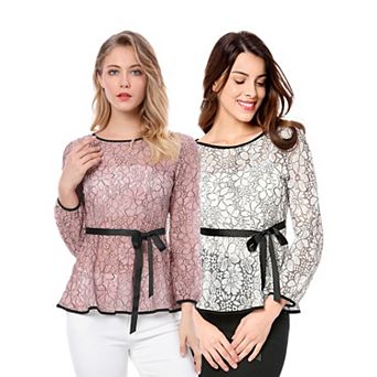 2 Packs Women's Elegant Tie Waist Long Sleeve Tops Lace Peplum Blouses