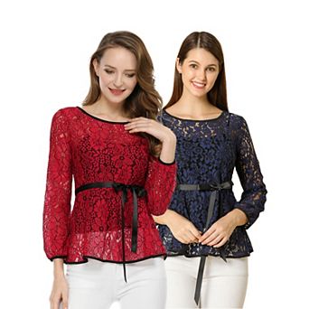 2 Packs Women's Elegant Tie Waist Long Sleeve Tops Lace Peplum Blouses