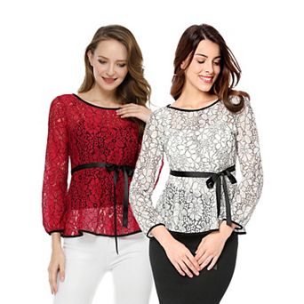 2 Packs Women's Elegant Tie Waist Long Sleeve Tops Lace Peplum Blouses