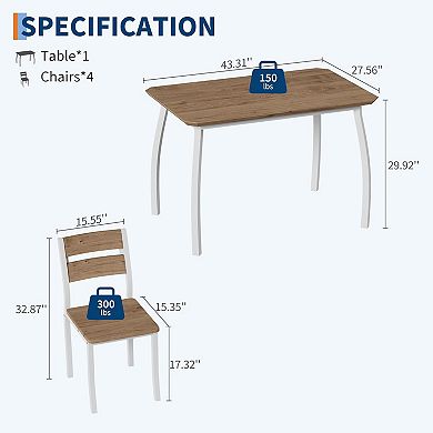 4 Person Modern Metal & Wood Dining Table Set, Cushioned Seats, Chamfered Edge for Small Spaces