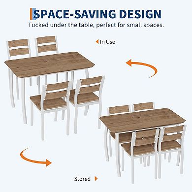 4 Person Modern Metal & Wood Dining Table Set, Cushioned Seats, Chamfered Edge for Small Spaces