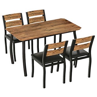 4 Person Modern Metal & Wood Dining Table Set, Cushioned Seats, Chamfered Edge for Small Spaces