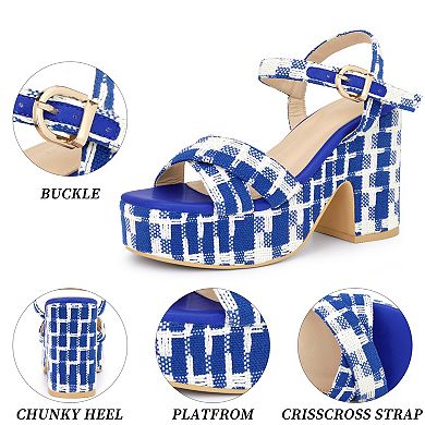 Women's Cloth Checkered Pattern Platform Heels Chunky Heel Sandals