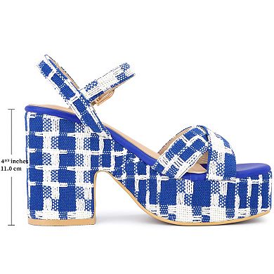 Women's Cloth Checkered Pattern Platform Heels Chunky Heel Sandals