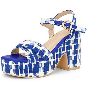 Women's Cloth Checkered Pattern Platform Heels Chunky Heel Sandals