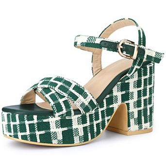 Women's Cloth Checkered Pattern Platform Heels Chunky Heel Sandals